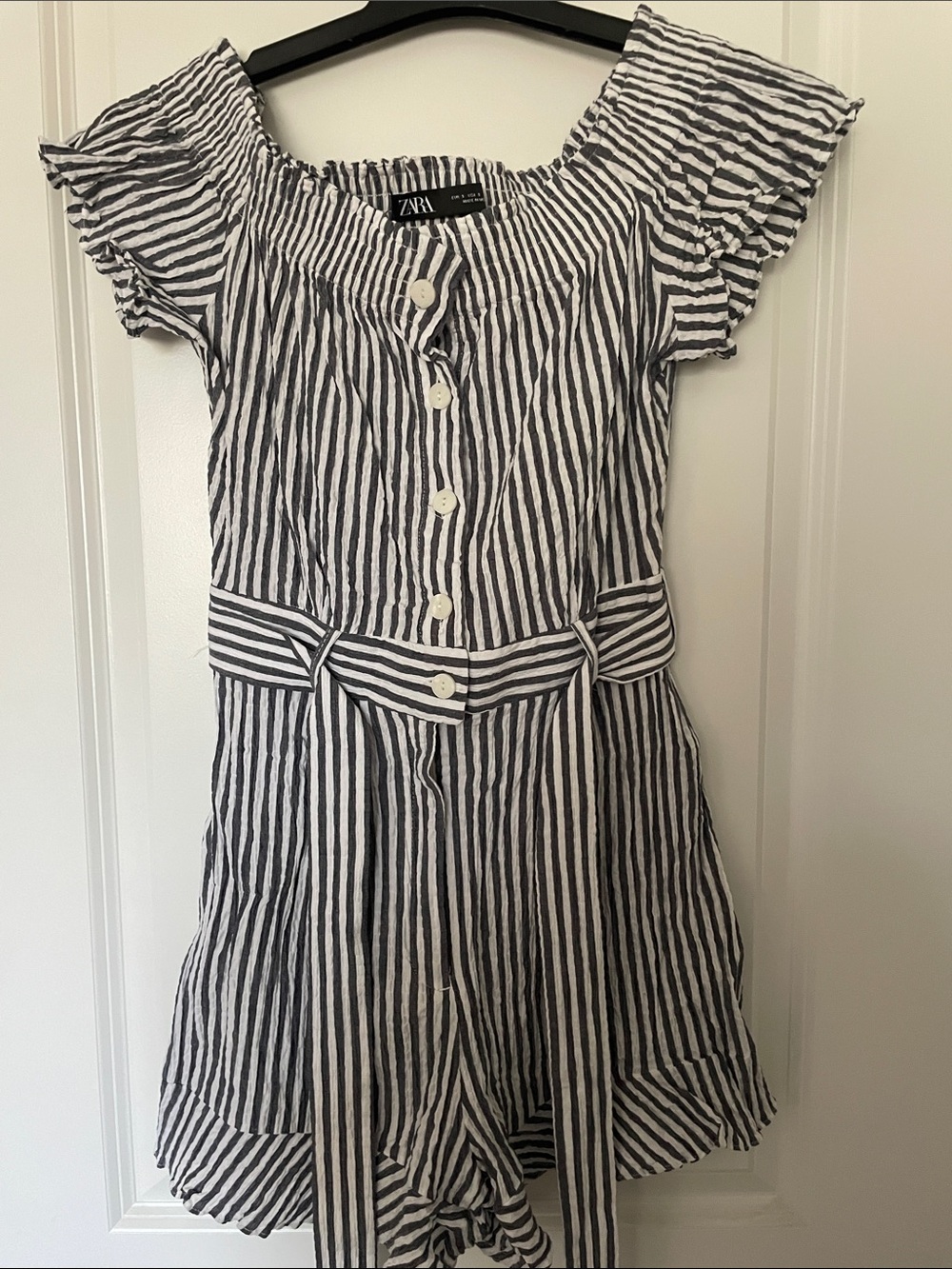 Zara grey and White Striped Off-Shoulder Button Romper with Tie Waist